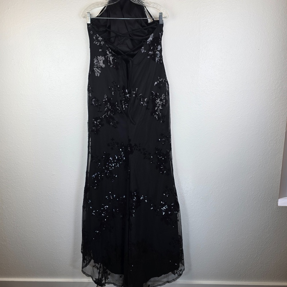 Women's Halter Dress Large Black Lined Floral Sequin Thigh Slit Criss Cross Back